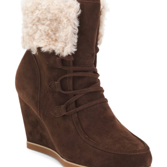 NEW CECELIA NEW YORK Suede North Star Faux Fur Wedge Boots Chocolate 667tn - Picture 5 of 5